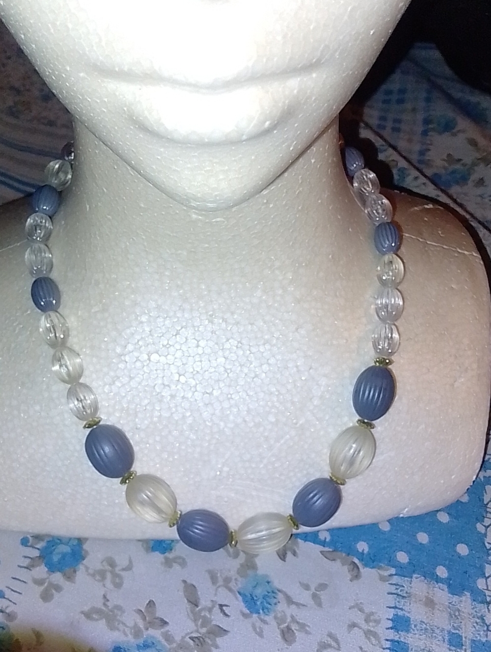 Antique Blue and Clear Ribbed Bead Necklace